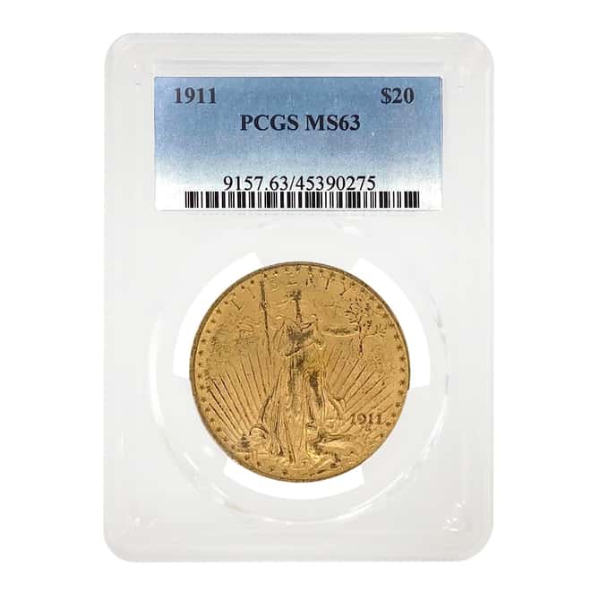 1911 $20 Gold Saint Gaudens Double Eagle Coin PCGS MS 63