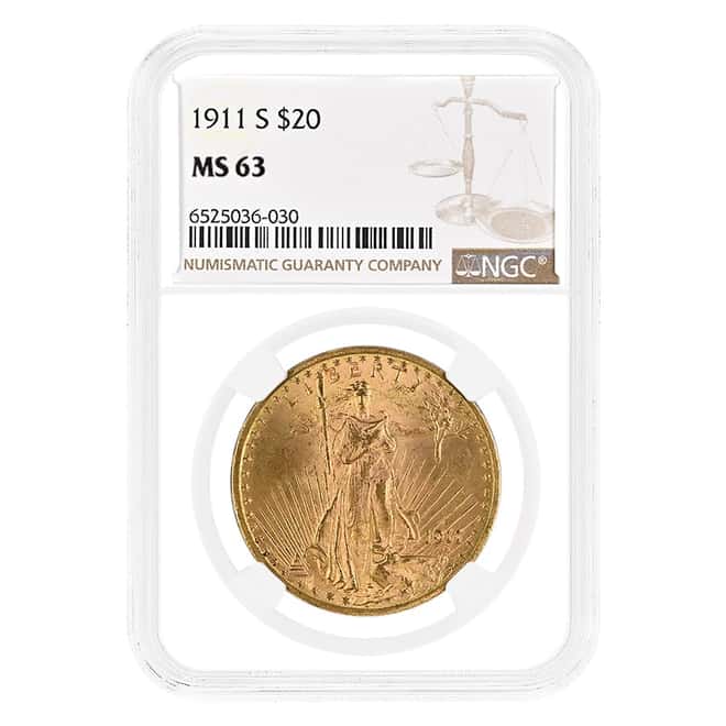 1911-S $20 Gold Saint Gaudens Double Eagle Coin NGC MS 63
