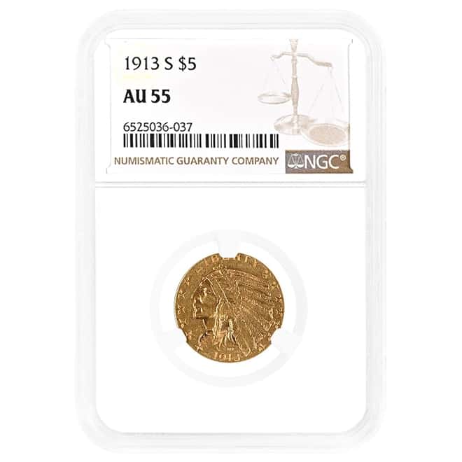 1913-S $5 Indian Head Half Eagle Gold Coin NGC AU 55