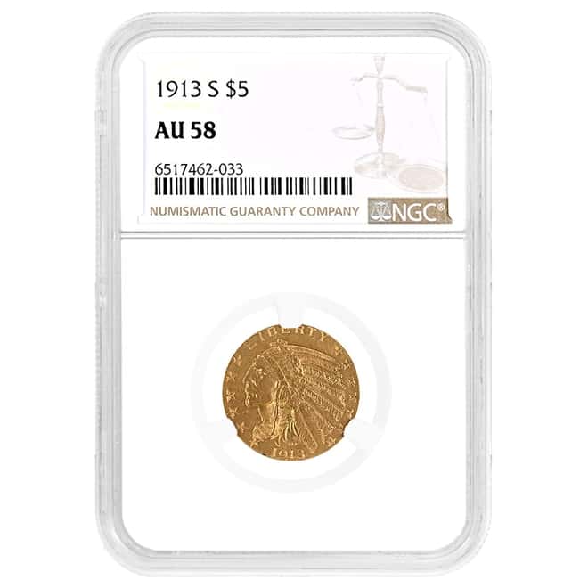 1913 S $5 Indian Head Half Eagle Gold Coin NGC AU 58