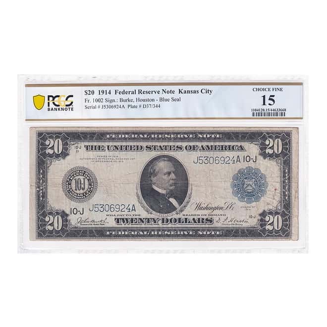 1914 $20 Federal Reserve Currency Note Kansas City PCGS F 15 (Pinholes)