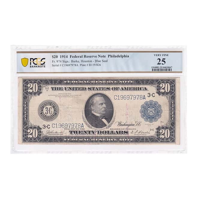 1914 $20 Federal Reserve Currency Note Philadelphia PCGS VF 25 (Ink Stains)