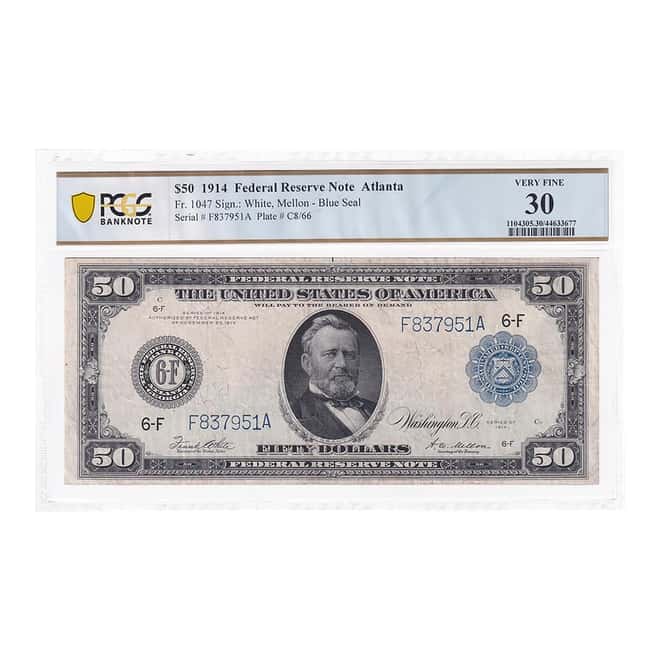 1914 $50 Federal Reserve Currency Note Atlanta PCGS VF 30