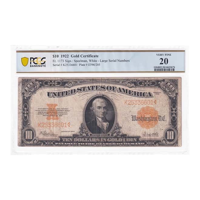 1922 $10 Gold Certificate Currency Note Speelman White PCGS VF 20