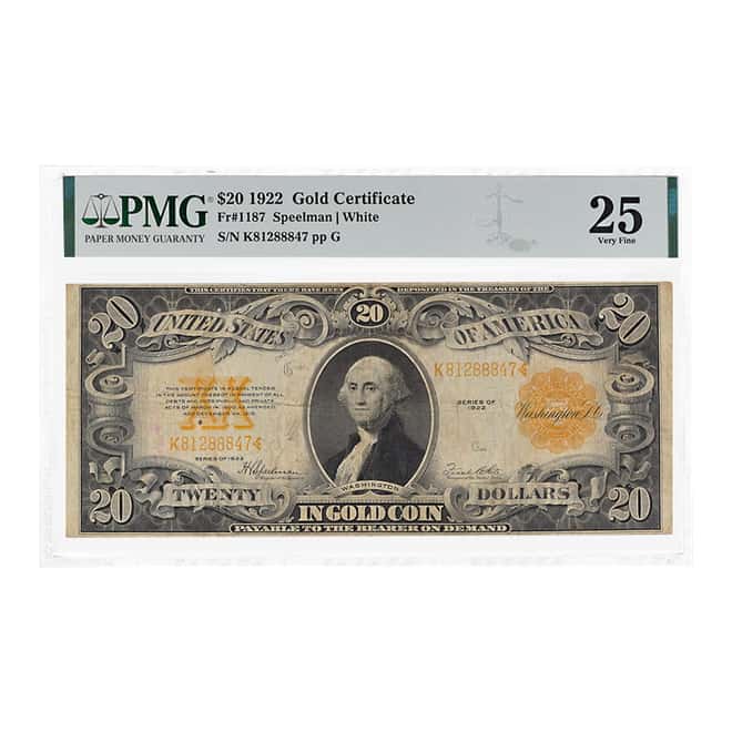 1922 $20 Gold Certificate Currency Note Speelman White PMG VF 25