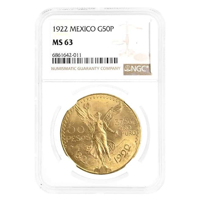 1922 Mexico 50 Pesos Gold Coin NGC MS 63