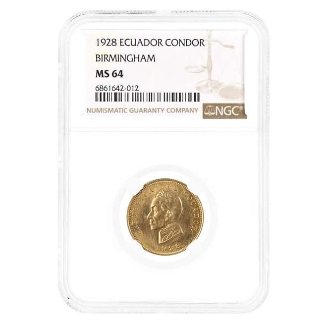 1928 Ecuador 1 Condor Birmingham Gold Coin NGC MS 64