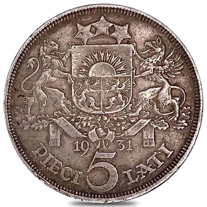 1929-1932 Latvia 5 Lati Silver Coin Avg Circ