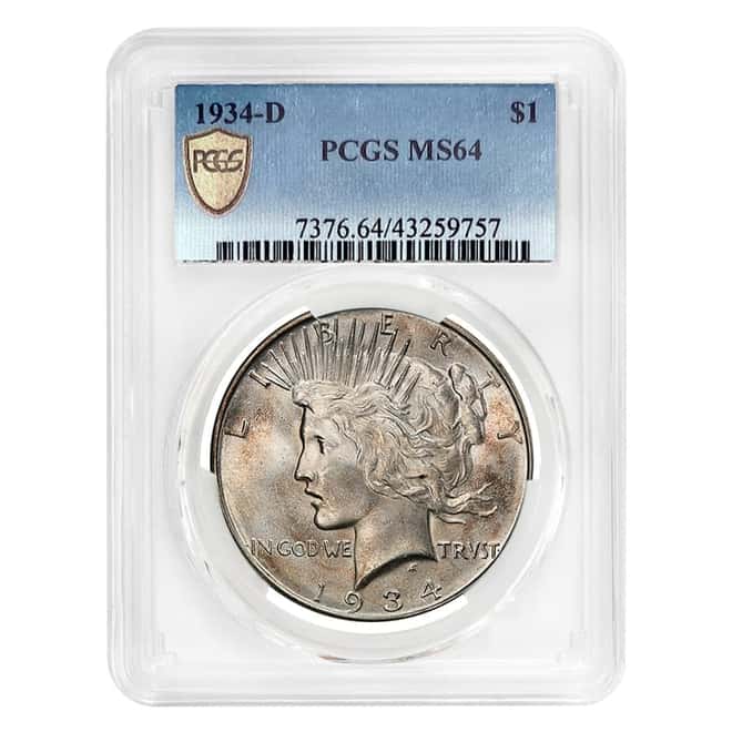 1934-D Peace Silver Dollar $1 PCGS MS 64