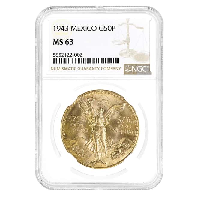1943 Mexico 50 Pesos Gold Coin NGC MS 63
