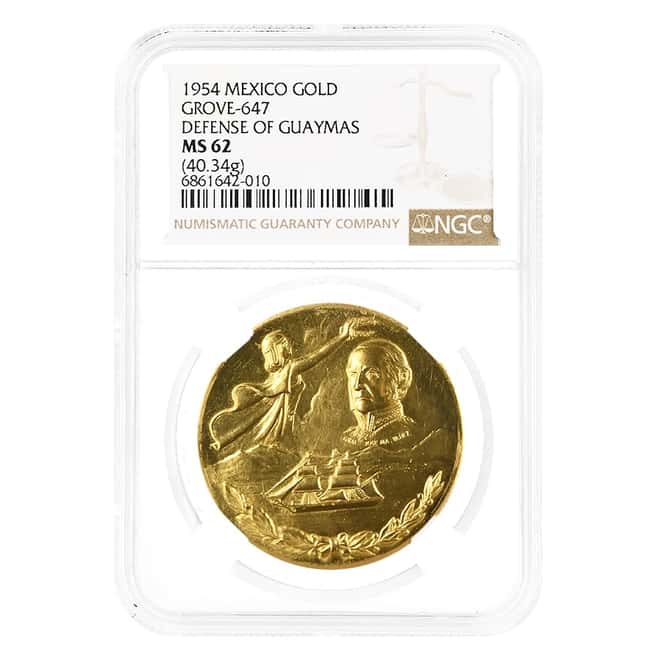 1954 1.17 oz Mexico Defense of Guaymas Gold Medal NGC MS 62
