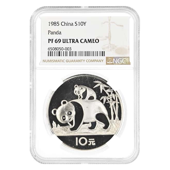 1985 27 gram Chinese Silver Panda 10 Yuan NGC PF 69 UCAM