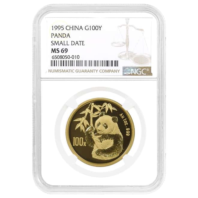 1995 1 oz Chinese Gold Panda 100 Yuan Small Date NGC MS 69
