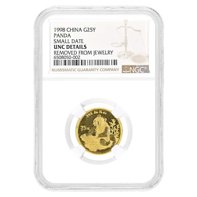 1998 1/4 oz China Gold Panda 25 Yuan Small Date NGC UNC Details