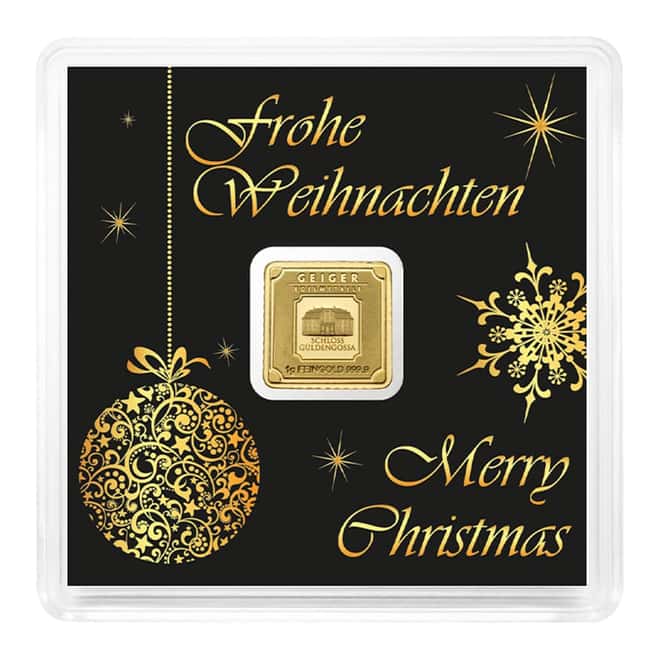 1 gram Geiger Christmas Original Square Gold Bar (In Assay)