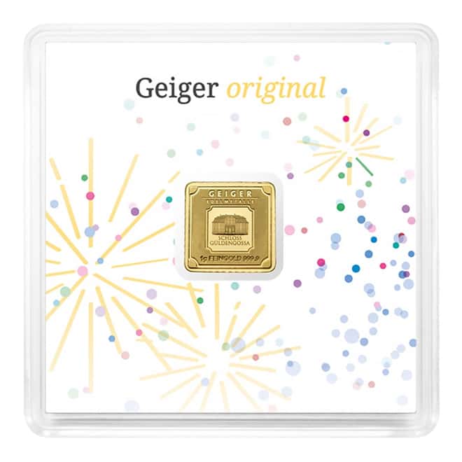 1 gram Geiger Congratulations Original Square Gold Bar (In Assay)