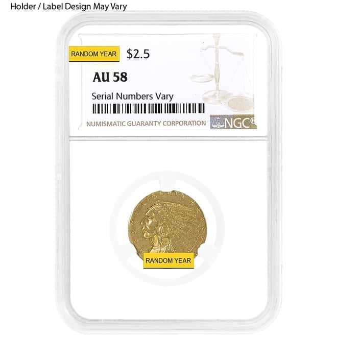 $2.5 Gold Quarter Eagle Indian Head NGC AU 58 (Random Year)