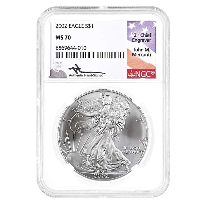 2002 1 oz Silver American Eagle Coin NGC MS 70 (Mercanti Sign)