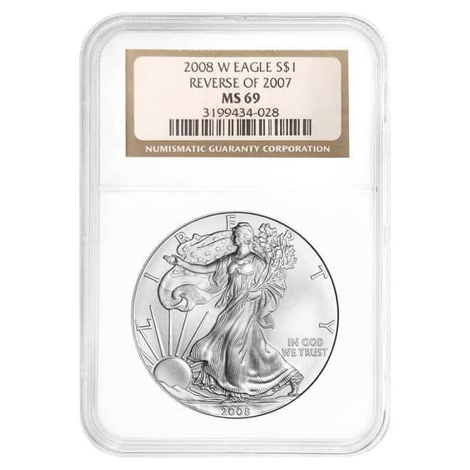 2008-W 1 oz Burnished Silver American Eagle $1 NGC MS 69 Reverse of 2007