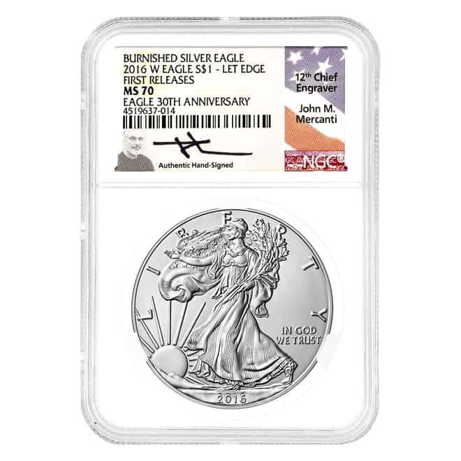 2016-W 1 oz Burnished Silver Eagle NGC MS 70 FR Mercanti Sign
