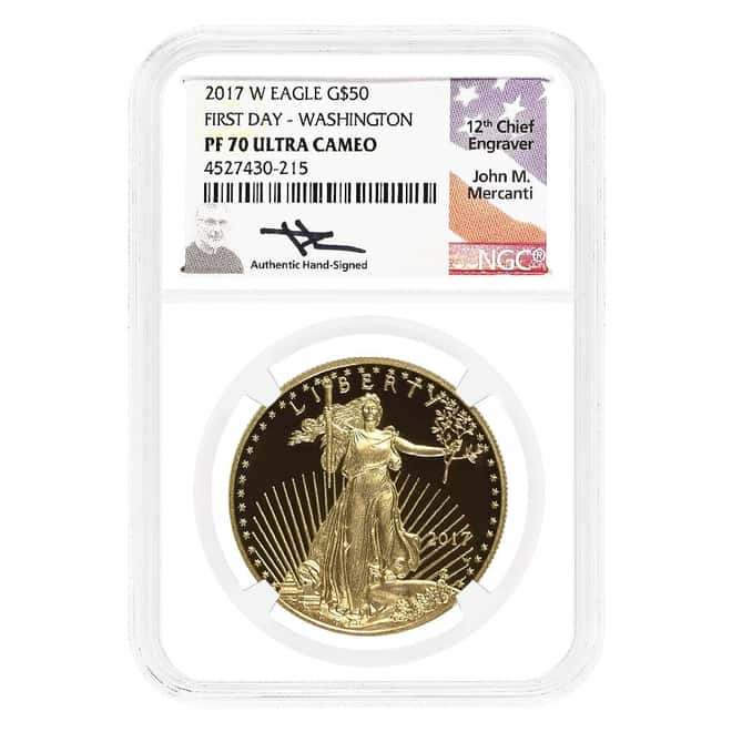 2017-W 1 oz $50 Proof Gold Eagle NGC PF 70 FD (Mercanti Sign)