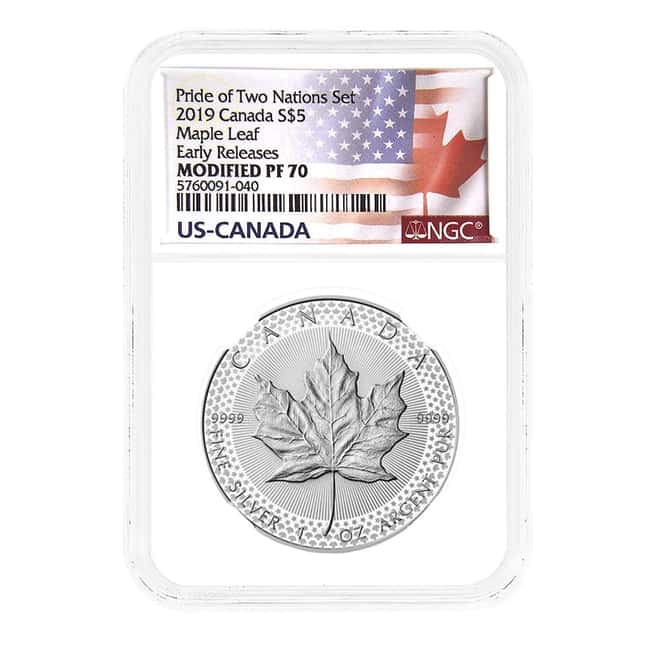 2019 1 oz Modified Proof Silver Canadian Maple NGC PF 70 ER (Two Flags Label, Pride of Two Nations)