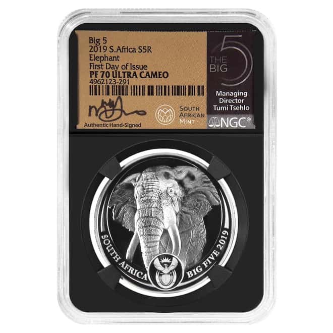2019 South Africa 1 oz Silver Big 5 Elephant NGC PF 70 FD Tumi Tsehlo Sign