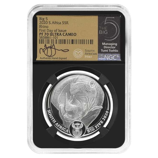 2020 South Africa 1 oz Silver Big 5 Rhino NGC PF 70 FD Tumi Tsehlo Sign