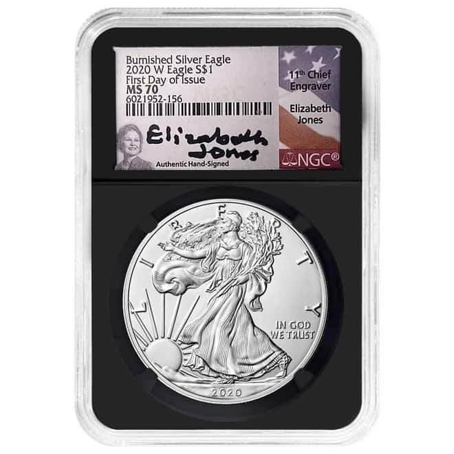 2020-W 1 oz Burnished Silver Eagle NGC MS 70 FD Jones Sign