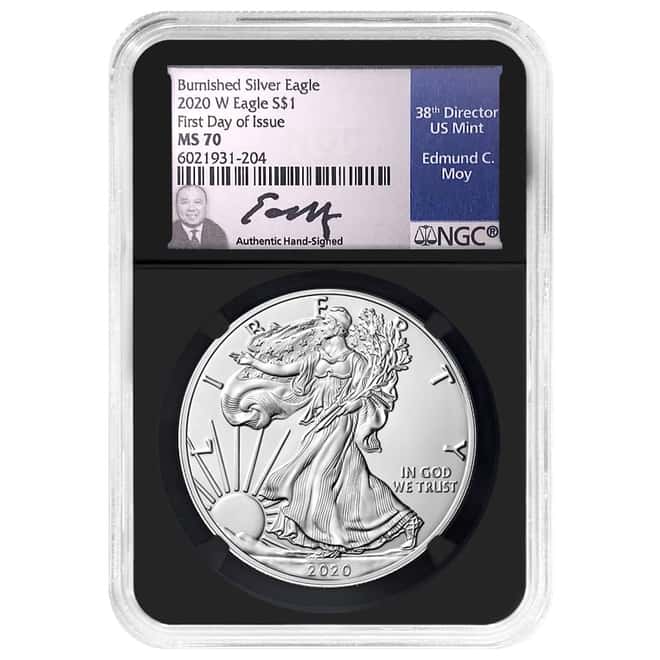 2020-W 1 oz Burnished Silver Eagle NGC MS 70 FD Moy Sign