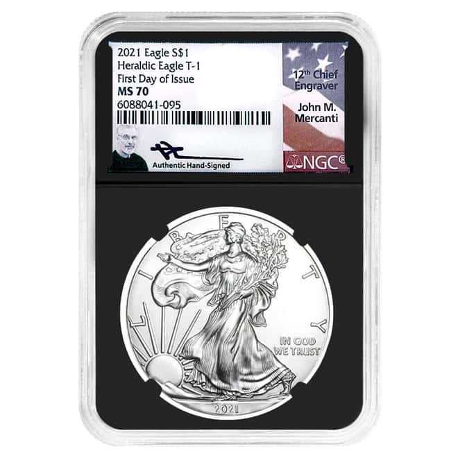 2021 1 oz Silver American Eagle NGC MS 70 FD Mercanti Sign