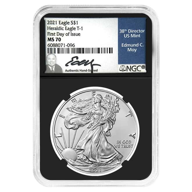 2021 1 oz Silver American Eagle NGC MS 70 FD Moy Sign
