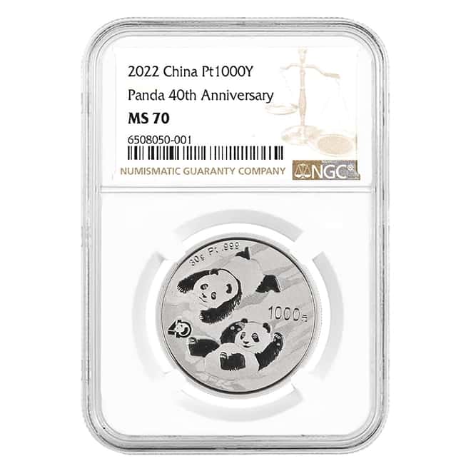 2022 30 gram Chinese Platinum Panda 40th Ann Privy NGC MS 70