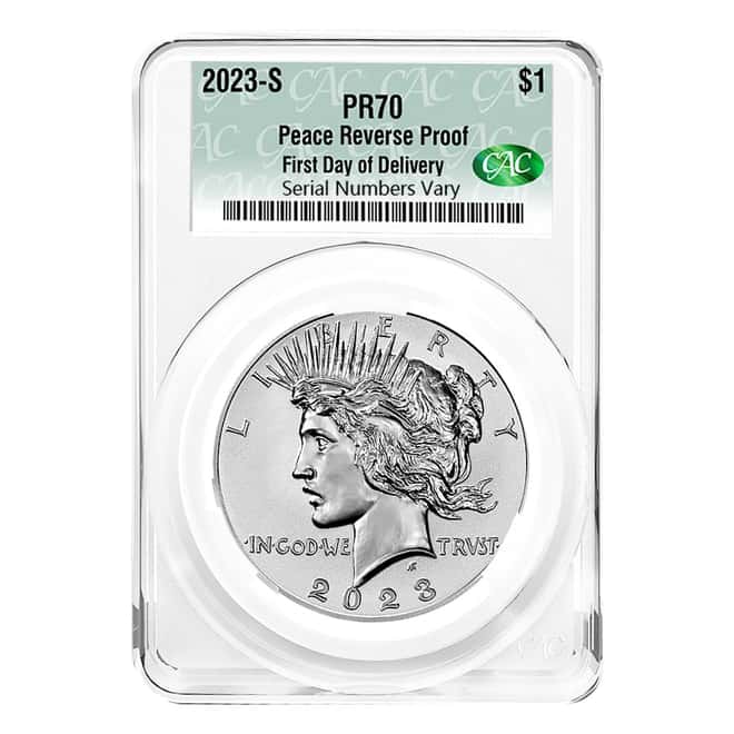 2023-S Peace Silver Dollar Reverse Proof CAC PF 70 First Day of Delivery