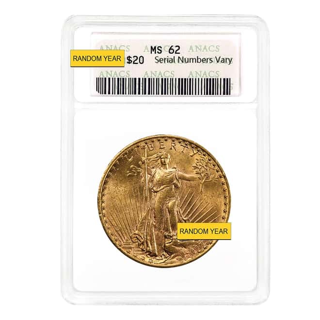 $20 Gold Double Eagle Saint Gaudens ANACS MS 62 Soapbox Holder (Random Year)