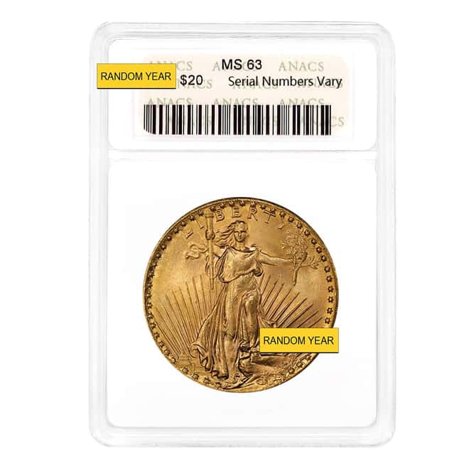$20 Gold Double Eagle Saint Gaudens ANACS MS 63 Soapbox Holder (Random Year)