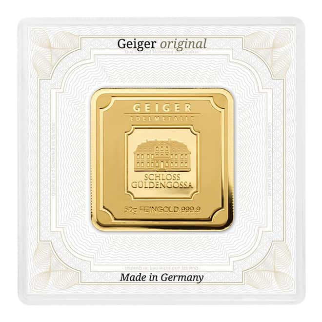 50 gram Geiger Original Square Gold Bar (In Assay)