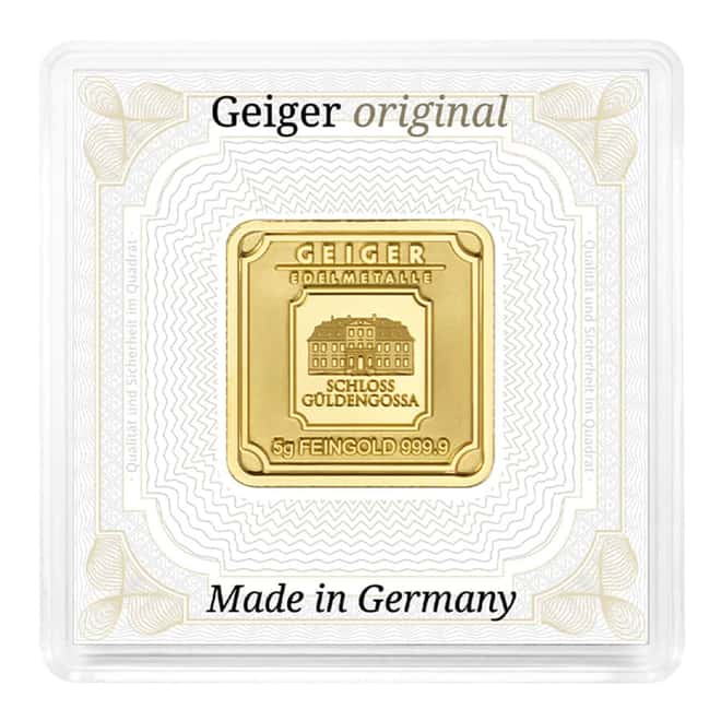 5 gram Geiger Original Square Gold Bar (In Assay)