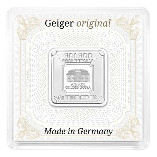 5 gram Geiger Original Square Silver Bar .999 Fine (In Assay)