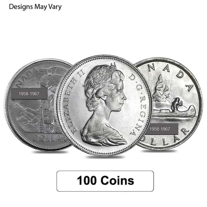 Lot of 100 - 1958-1967 Canada Silver Dollar Avg Circ (.800 Fine)