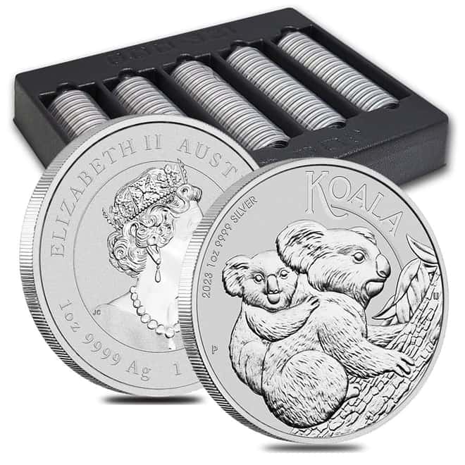 Box of 100 - 2023 1 oz Silver Australian Koala Perth Mint .9999 Fine BU In Cap (5 Tubes, Lot of 100)