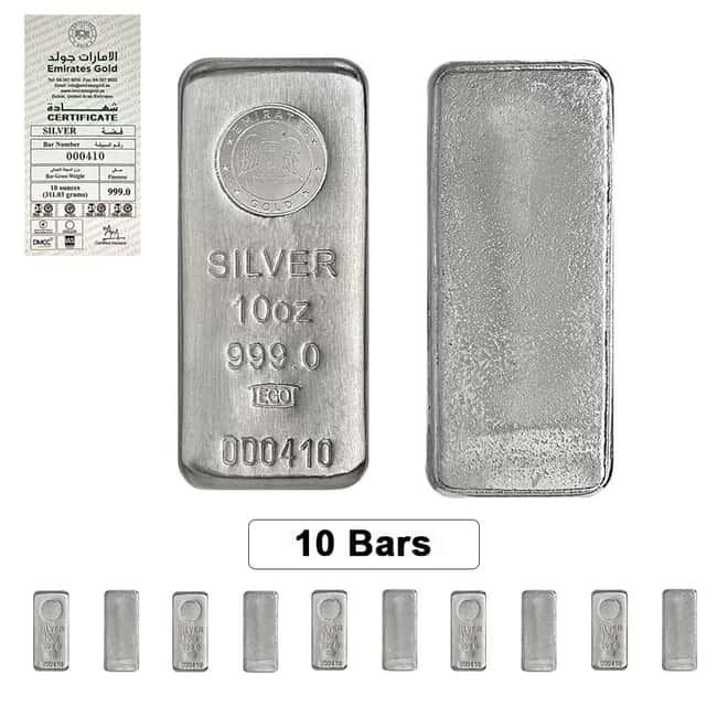 Lot of 10 - 10 oz Emirates Gold Silver Cast Bar .999 Fine (w/Assay)