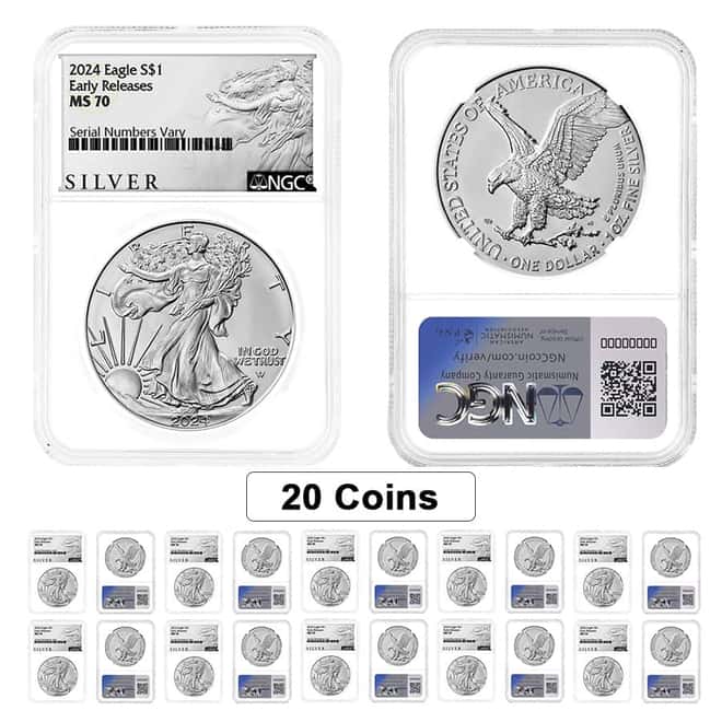 Lot of 20 - 2024 1 oz Silver American Eagle NGC MS 70 ER Liberty