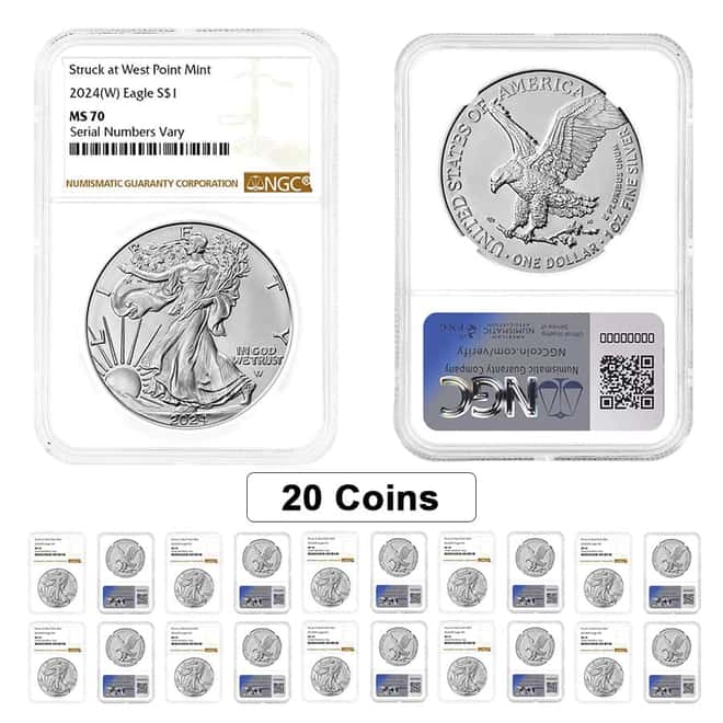 Lot of 20 - 2024 (W) 1 oz Silver American Eagle NGC MS 70