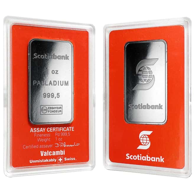 1 oz Palladium Bar - Scotiabank Valcambi Suisse .9995 Fine (In Assay)