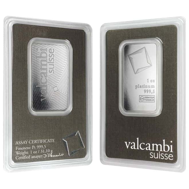 1 oz Platinum Bar - Valcambi Suisse .999+ Fine (In Assay)