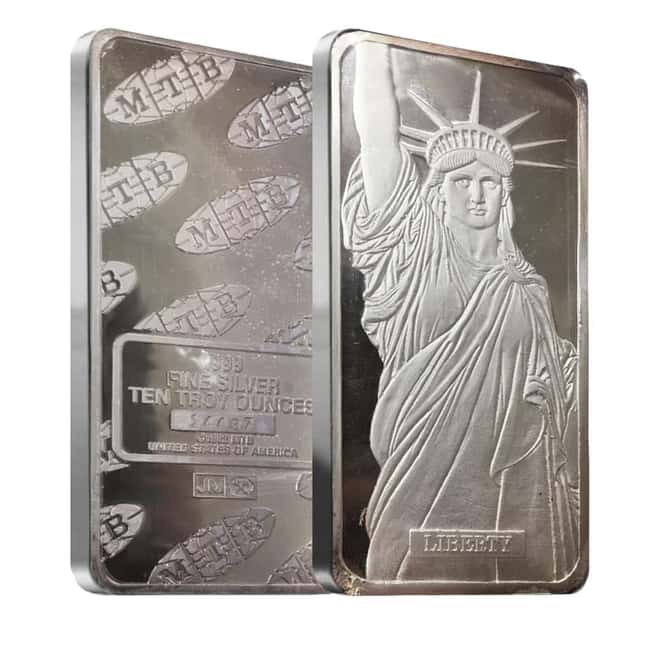 10 oz Johnson Matthey MTB Statue of Liberty Silver Vintage Bar .999 Fine