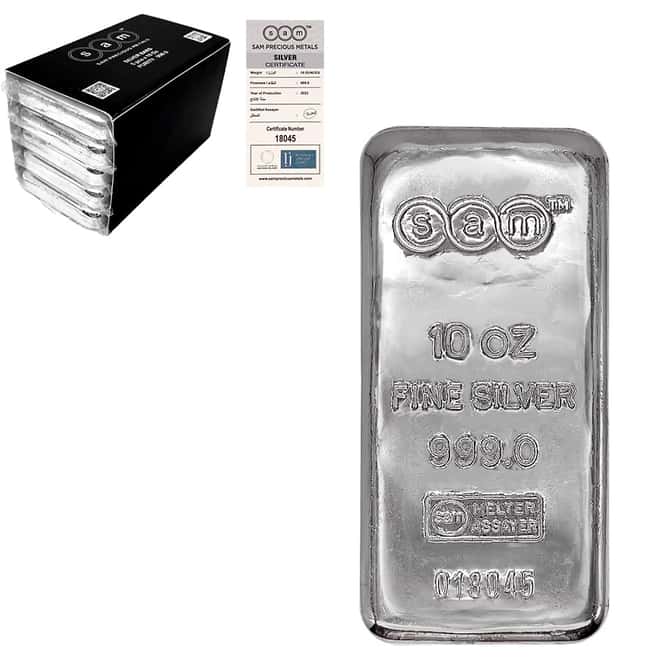 Lot of 5 - 10 oz SAM Precious Metals Silver Cast Bar .999 Fine