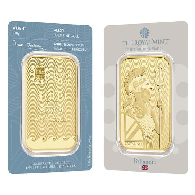 100 Gram Britannia Gold Bar .9999 Fine (in Assay)