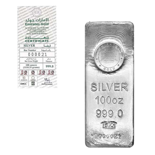 100 oz Emirates Gold Silver Cast Bar .999 Fine
